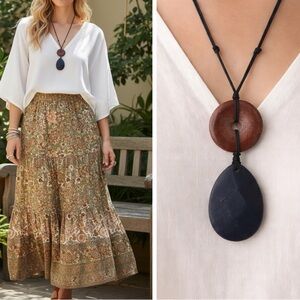 J. Jill Double Pendant Stone Cord Necklace Boho Statement NWT (BR1313/3)